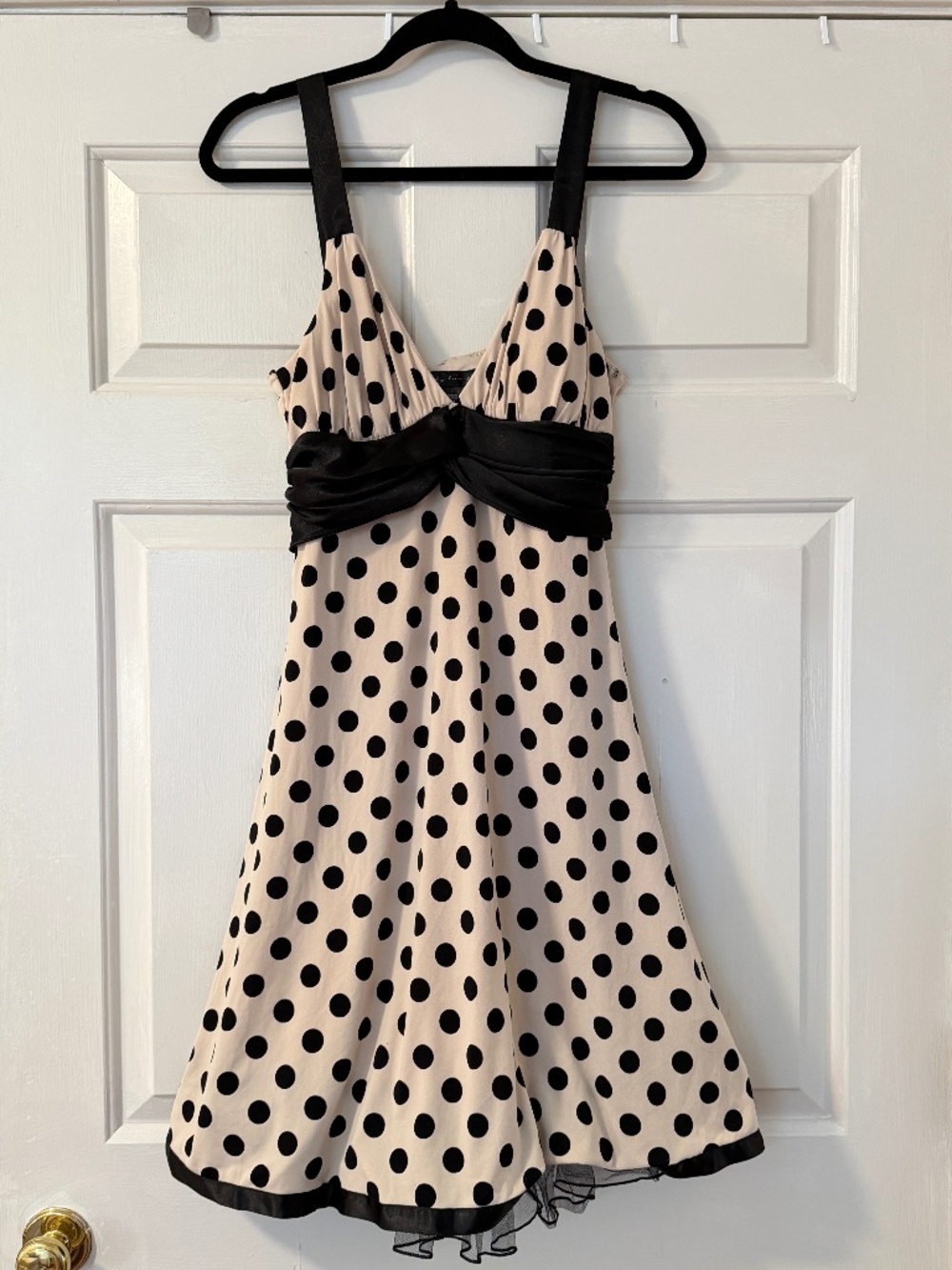 City Triangles Polka Dot Dress Women's Large Black Tan Tulle Y2K Empire Waist